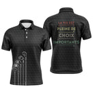 Polo de golf personnalisé homme noir vintage avec sac de clubs et lettrage La Vie Est Pleine De Choix Importants