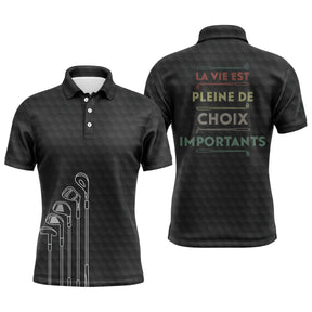 Polo de golf personnalisé homme noir vintage avec sac de clubs et lettrage La Vie Est Pleine De Choix Importants