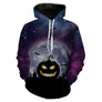 Sweat à capuche all-over Halloween citrouille jack-o-lantern, scène lune et cimetière, vêtement chaud pour soirée