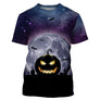 T-shirt Halloween all-over avec citrouille jack-o-lantern devant lune blanche immense, cimetière silhouette et