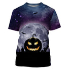 T-shirt Halloween all-over avec citrouille jack-o-lantern devant lune blanche immense, cimetière silhouette et