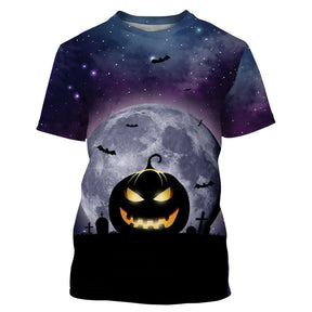 T-shirt Halloween all-over avec citrouille jack-o-lantern devant lune blanche immense, cimetière silhouette et