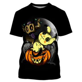 T-shirt Halloween all-over avec créatures cartoon kawaii-fantastiques sur citrouille jack-o-lantern et lune blanche en
