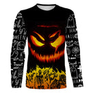 T-shirt Halloween citrouille flammes vue de face design dramatique noir et orange, coupe unisexe all-over