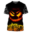 T-shirt Halloween all-over avec citrouille jack-o-lantern aux yeux brûlants entourée de flammes oranges et squelettes