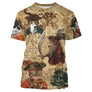 T-shirt chat pirate beige vintage avec capitaines félins au sabre et carte aux trésors all-over