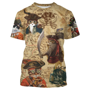 T-shirt chat pirate beige vintage avec capitaines félins au sabre et carte aux trésors all-over