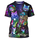 T-shirt chat DJ violet néon rose fluo avec chats aux platines et scène de club all-over