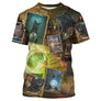 T-shirt chat magicien brun cuivré vert avec chat sorcier et boule de cristal dans bibliothèque magique