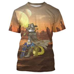 T-shirt chat cowboy brun orange avec chat shérif chapeauté monté sur canon dans paysage western au crépuscule