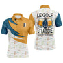 Polo de golf humour personnalisé homme orange et turquoise avec chopes de bière et lettrage Le Golf et La Bière