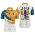 Polo de golf humour personnalisé homme orange et turquoise avec chopes de bière et lettrage Le Golf et La Bière