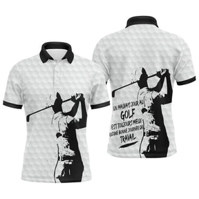 Polo de golf humour personnalisé homme blanc texturé avec silhouette golfeur en swing et lettrage Un Mauvais Jour Au Golf