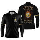 Polo billard manches longues unisexe noir et or avec boule numéro 9 dorée et message religieux Jésus, prénom personnalisé