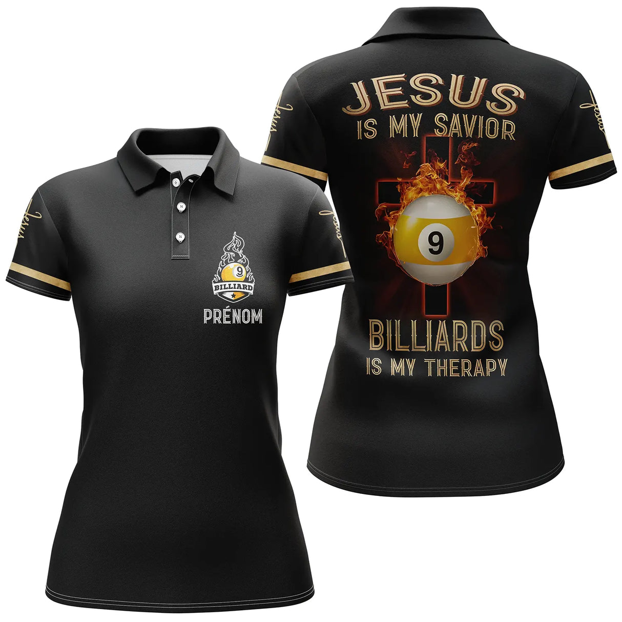 Polo billard noir et or pour femme avec boule de la 9 dorée et inscription Billiards is my Therapy, prénom personnalisé
