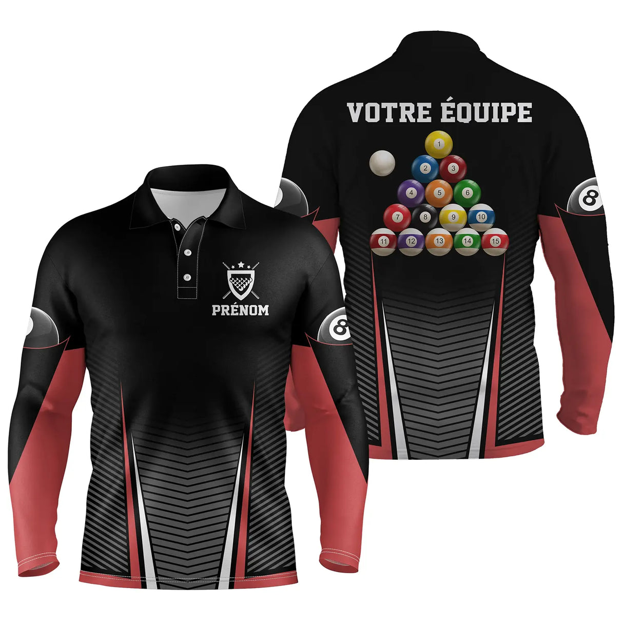 Polo billard manches longues unisexe noir et rouge avec triangle de billes colorées et nom équipe, prénom personnalisé