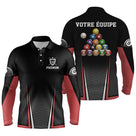 Polo billard manches longues unisexe noir et rouge avec triangle de billes colorées et nom équipe, prénom personnalisé