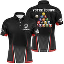 Polo billard noir et rouge pour homme avec triangle de 15 billes colorées et écusson équipe, prénom personnalisé