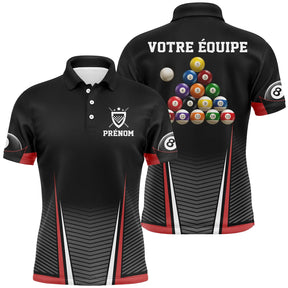 Polo billard noir et rouge pour homme avec triangle de 15 billes colorées et écusson équipe, prénom personnalisé