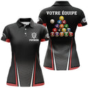 Polo billard noir et rouge pour femme avec triangle de boules de billard multicolores et logo club, prénom personnalisé