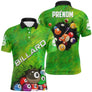 Polo billard vert rayé pour homme avec inscription BILLARD et groupe de boules colorées multicolores, prénom personnalisé