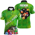 Polo billard vert rayé pour homme avec inscription BILLARD et groupe de boules colorées multicolores, prénom personnalisé