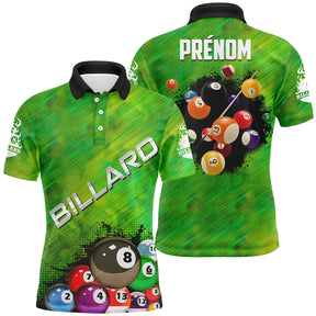 Polo billard vert rayé pour homme avec inscription BILLARD et groupe de boules colorées multicolores, prénom personnalisé