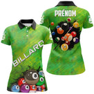 Polo billard vert rayé pour femme avec motif BILLARD et boules de billard rouge violet jaune orange, prénom personnalisé
