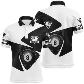 Polo billard noir et blanc homme avec boule de la 8 noire centrale et inscription BILLARD, prénom personnalisé