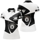 Polo billard noir et blanc femme avec boule numéro 8 et design contrasté élégant, prénom personnalisé