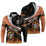 Polo billard manches longues unisexe orange noir avec boule en feu et BILLARD, prénom personnalisé