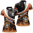 Polo billard orange et noir femme avec boule de la 8 dans les flammes, écusson BILLARD, prénom personnalisé