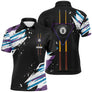 Polo billard noir homme avec queues de billard, accents violet et jaune et boule numéro 8 du 8-pool, prénom personnalisé
