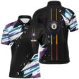 Polo billard noir homme avec queues de billard, accents violet et jaune et boule numéro 8 du 8-pool, prénom personnalisé