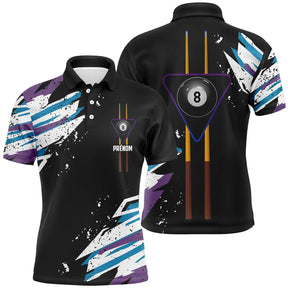 Polo billard noir homme avec queues de billard, accents violet et jaune et boule numéro 8 du 8-pool, prénom personnalisé