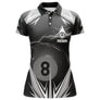 Polo billard noir et argent femme avec foudre et boule de la 8 du 8-pool, prénom personnalisé