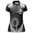 Polo billard noir et argent femme avec foudre et boule de la 8 du 8-pool, prénom personnalisé