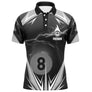 Polo billard noir et argent homme avec éclairs et boule numéro 8 du jeu de la 8, prénom personnalisé