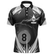 Polo billard noir et argent homme avec éclairs et boule numéro 8 du jeu de la 8, prénom personnalisé