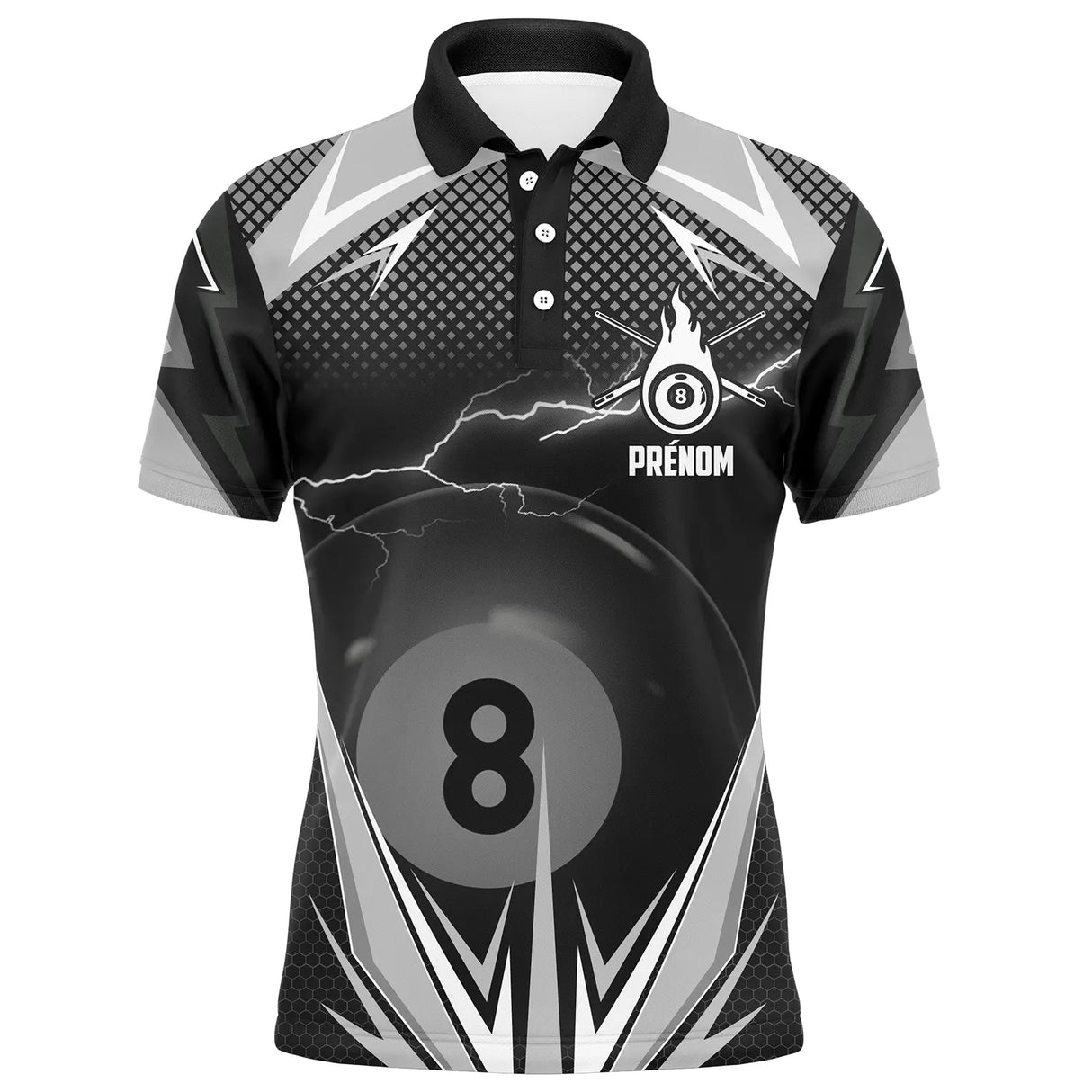 Polo billard noir et argent homme avec éclairs et boule numéro 8 du jeu de la 8, prénom personnalisé