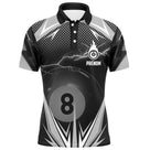 Polo billard noir et argent homme avec éclairs et boule numéro 8 du jeu de la 8, prénom personnalisé