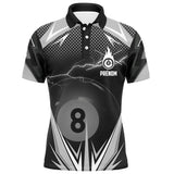 Polo billard noir et argent homme avec éclairs et boule numéro 8 du jeu de la 8, prénom personnalisé