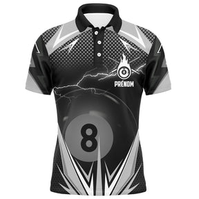 Polo billard noir et argent homme avec éclairs et boule numéro 8 du jeu de la 8, prénom personnalisé