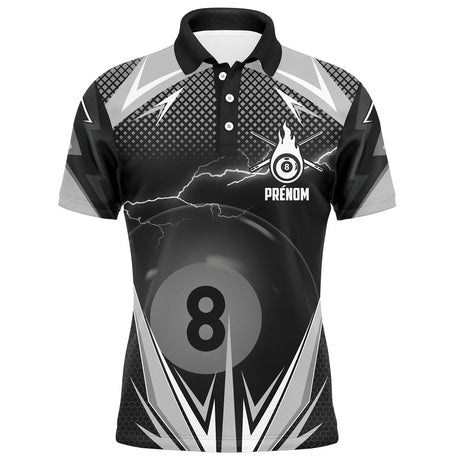 Polo billard noir et argent homme avec éclairs et boule numéro 8 du jeu de la 8, prénom personnalisé