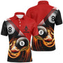 Polo billard rouge et noir homme avec deux boules 8 enflammées et bandes diagonales, prénom personnalisé