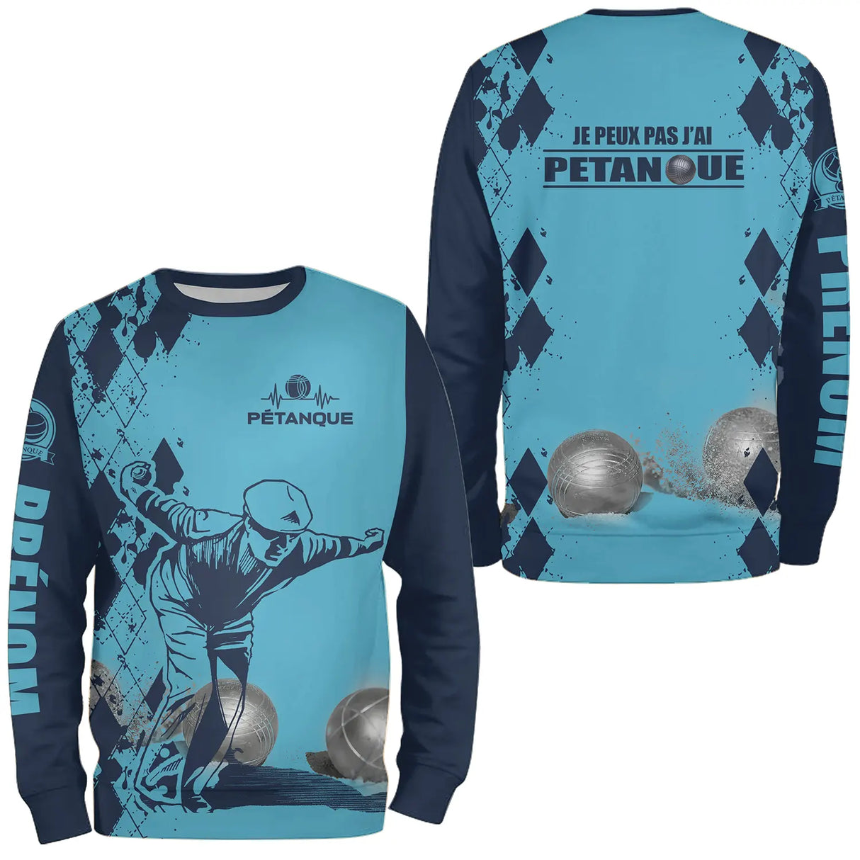 Sweat zippé pétanque sable humour j'peux pas joueur boules dos texte manche bouliste personnalisé