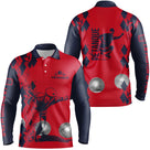 Polo pétanque manches longues homme rouge et bleu marine avec motif argyle et silhouette bouliste