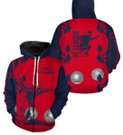 Sweat zippé pétanque all-over rouge et marine avec motif argyle, joueur en lancer et slogan vertical