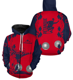 Sweat zippé pétanque all-over rouge et marine avec motif argyle, joueur en lancer et slogan vertical
