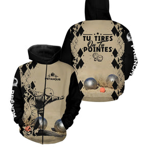 Sweat à capuche pétanque bleu marine Tirer ou pointer joueur boules dos texte manche personnalisé